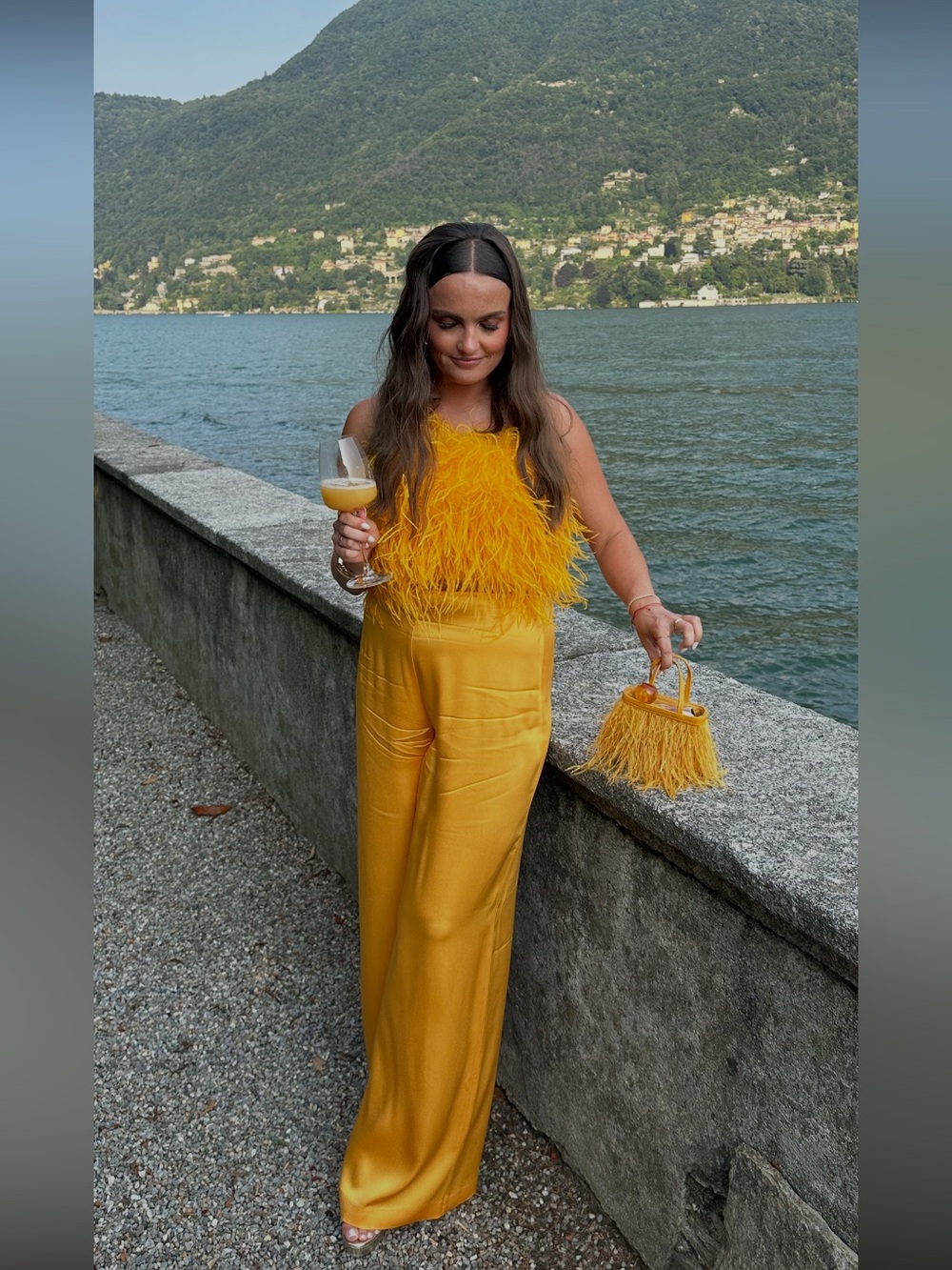 Mango Yellow Orange Feather-Trim Wide Leg Two Piece Set and Purse